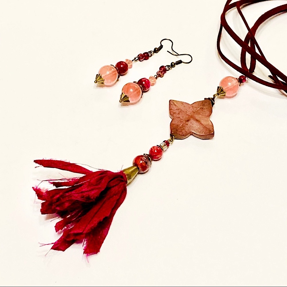 Dark Pink Mauve Rhodonite Stone Necklace & Cherry Quartz Zinfandel Earrings BOHO - Picture 1 of 15